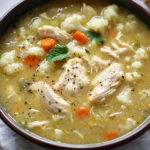 Bowl of anti-inflammatory cauliflower chicken soup with fresh herbs