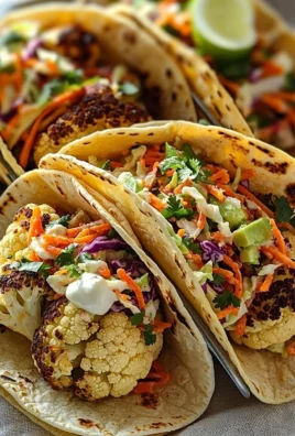 Delicious roasted cauliflower tacos with colorful slaw on a plate