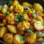 Bowl of Aloo Gobi with spiced potatoes and cauliflower garnished with herbs
