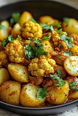 Bowl of Aloo Gobi with spiced potatoes and cauliflower garnished with herbs
