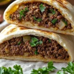 Delicious Arayes Lebanese stuffed pita filled with flavorful meat and spices.