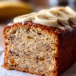 Moist banana bread cake topped with nuts and drizzled with caramel.