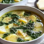 Bowl of creamy spinach potato soup garnished with fresh herbs