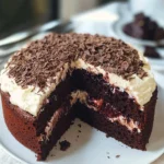 A slice of the BEST EVER Chocolate Fudge Cake topped with chocolate ganache and sprinkles.