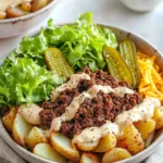 Delicious and colorful Burger Bowls filled with fresh ingredients and savory flavors.
