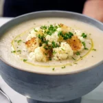 Bowl of creamy cauliflower soup topped with herbs and spices