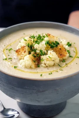 Bowl of creamy cauliflower soup topped with herbs and spices