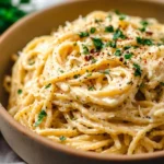 Cheesy garlic parmesan spaghetti topped with parsley