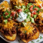 Delicious Cheesy Taco Potatoes topped with melted cheese and vibrant toppings