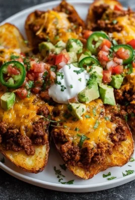 Delicious Cheesy Taco Potatoes topped with melted cheese and vibrant toppings