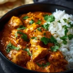 Delicious Chicken Curry served with rice and naan, featuring vibrant spices.