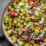 Chickpea Feta Avocado Salad with vibrant vegetables and dressing