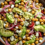 Chickpea Feta Avocado Salad with fresh vegetables and dressing