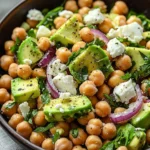 Chickpea Feta Avocado Salad in a bowl with colorful veggies