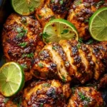 Grilled chili lime chicken garnished with fresh cilantro and lime wedges