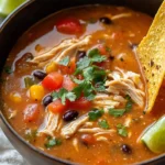 Bowl of Classic Chicken Tortilla Soup garnished with tortilla strips and avocado