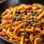 Delicious creamy beef pasta garnished with fresh herbs on a plate