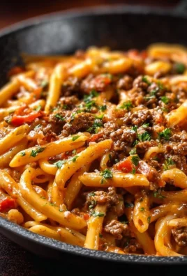 Delicious creamy beef pasta garnished with fresh herbs on a plate