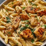 Creamy Cajun chicken pasta in a bowl garnished with herbs