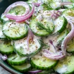 Creamy cucumber salad with fresh herbs and dressing in a bowl