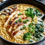 Bowl of creamy garlic chicken ramen garnished with green onions and sesame seeds