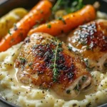 Creamy herb chicken with mashed potatoes and honey glazed carrots plated beautifully.