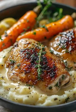 Creamy herb chicken with mashed potatoes and honey glazed carrots plated beautifully.