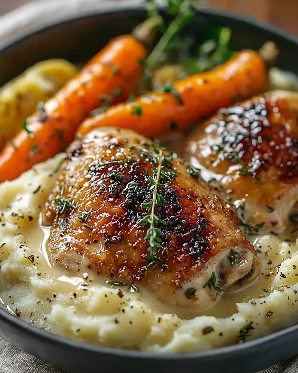 Creamy Herb Chicken with Mashed Potatoes and Honey Glazed Carrots