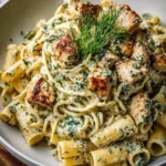 Delicious creamy pesto chicken pasta served with fresh basil and cherry tomatoes.