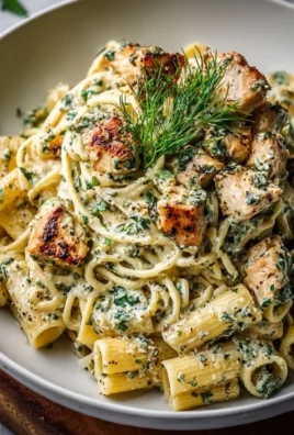 Delicious creamy pesto chicken pasta served with fresh basil and cherry tomatoes.
