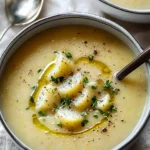 A warm bowl of creamy potato leek soup garnished with fresh herbs.