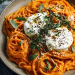 Creamy red pepper pasta garnished with burrata cheese and fresh herbs