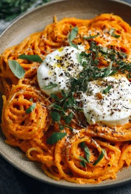 Creamy red pepper pasta garnished with burrata cheese and fresh herbs