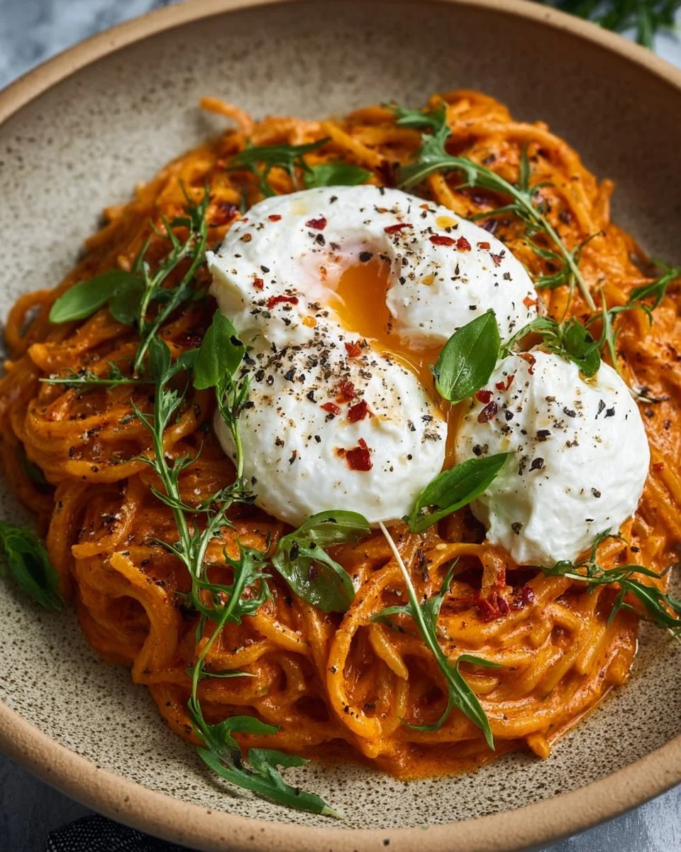 Creamy Red Pepper Pasta with Burrata and Herbs