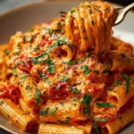 Creamy tomato garlic pasta dish garnished with fresh herbs on a white plate