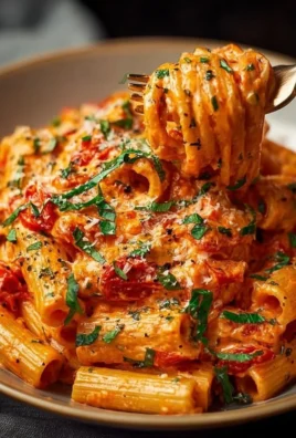 Creamy tomato garlic pasta dish garnished with fresh herbs on a white plate