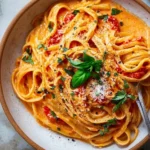 Bowl of creamy tomato pasta garnished with fresh basil and parmesan cheese