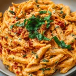 Creamy vegan sun-dried tomato pasta garnished with fresh basil