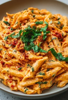 Creamy vegan sun-dried tomato pasta garnished with fresh basil