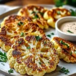 Crispy baked cauliflower steaks served on a plate with herbs and spices.