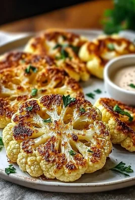 Crispy baked cauliflower steaks served on a plate with herbs and spices.