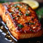 Crispy honey garlic glazed salmon served on a plate with herbs and lemon.