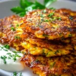 Plate of crispy vegetable fritters garnished with herbs