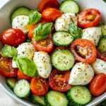 Cucumber Caprese Salad with fresh mozzarella, basil, and cherry tomatoes on a plate.