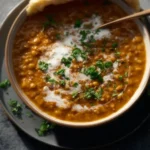 Bowl of aromatic curry lentil soup topped with fresh herbs