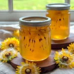 Homemade dandelion jelly in a jar with fresh dandelions beside it