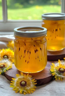 Homemade dandelion jelly in a jar with fresh dandelions beside it