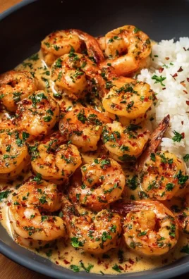 Creamy garlic shrimp dish served in a bowl garnished with herbs.