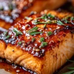 Crispy honey garlic glazed salmon served with vegetables