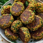 Plate of homemade easy falafel served with dipping sauce and salad